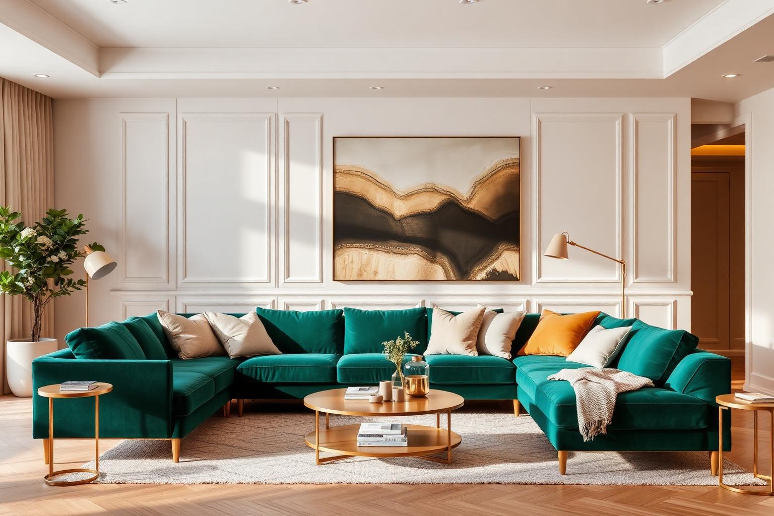 Sala de estar com sofá modular em veludo verde esmeralda